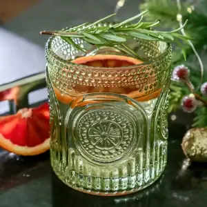 10 oz Retro Arch Floral Ribbed Glassware - Set of 6 (Green)