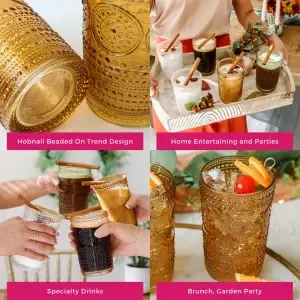 13 oz Hobnail Beaded Floral Vintage Drinkware - Set of 6 (Rose Gold)